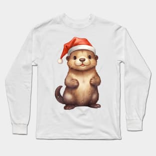 North American River Otter in Santa Hat Long Sleeve T-Shirt